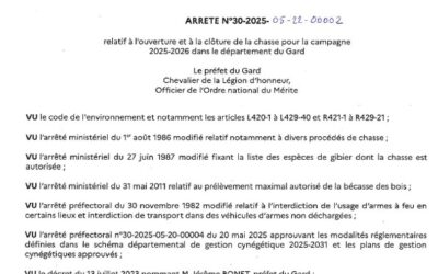 Arrêté 30-2025 relatif à l’ouverture et la fermeture de la chasse pour la campagne 2025-2026
